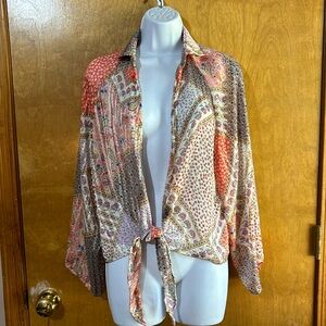 Adora size S tie front shirt. Silky chiffon with gold metallic thread accents.